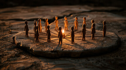 Poster - Wooden figures arranged in circle around glowing light source, creating warm and inviting atmosphere. scene evokes sense of community and connection among figures