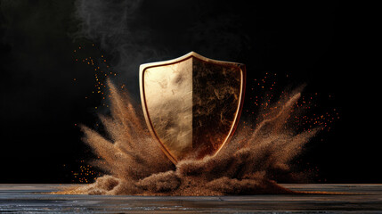 Poster - Radiant golden shield emerges from cloud of dust, symbolizing strength and protection. dynamic scene captures essence of resilience and power, evoking sense of awe and inspiration
