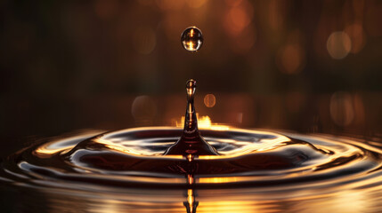Poster - Single drop of water creates mesmerizing ripple effect on surface, reflecting warm golden hues and creating serene atmosphere. beauty of nature is captured in this tranquil moment