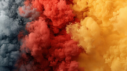 Poster - Vibrant smoke clouds in shades of red, yellow, and gray create mesmerizing abstract texture. soft transitions and chaotic patterns evoke sense of dynamic energy and creativity