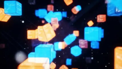 Dynamic network of glowing digital cubes with code data elements in motion