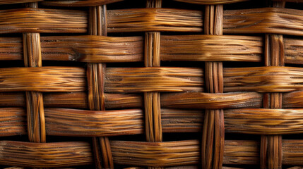 Poster - Woven texture in closeup, showcasing intricate patterns and warm brown tones, evokes sense of craftsmanship and natural beauty. symmetry and curves create visually appealing design