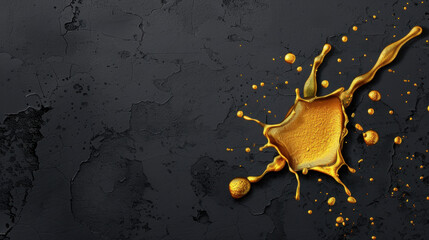 Poster - Realistic gold ink texture splattered artistically on dark cracked surface, creating striking contrast that evokes creativity and elegance. vibrant gold adds touch of luxury
