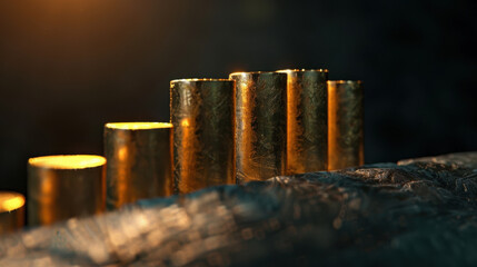 Poster - Golden cylindrical bars arranged in rising pattern, illuminated by warm light, creating sense of growth and prosperity. textured surface adds depth and richness to scene