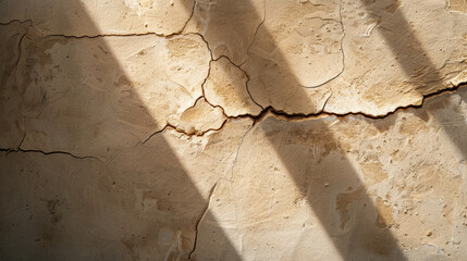 Poster - Textured wall with rough plaster shows uneven bumps and cracks, illuminated by shadows that create dramatic effect. natural tones evoke sense of rustic charm and age