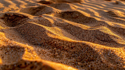 Wall Mural - Golden sand dune texture in soft evening light creates serene and tranquil atmosphere. gentle curves and patterns of sand evoke sense of calm and natural beauty