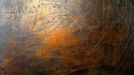 Poster - Scratched metal surface with reflections under studio light, showcasing blend of warm and cool tones, creating intriguing visual texture. surface exhibits dynamic interplay of light and shadow