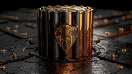 Poster - Secure database cylinder with protective shield design, symbolizing safety and security in digital storage. metallic finish and intricate details evoke sense of advanced technology and reliability