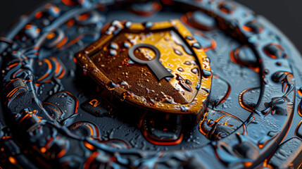 Poster - Secure database cylinder surrounded by protective shield, featuring intricate designs and keyhole symbol. image conveys sense of safety and security in digital storage