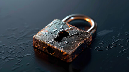 Poster - Rusty padlock resting on wet surface symbolizes security and protection. texture of metal and reflections on surface create moody atmosphere, evoking feelings of mystery and safety