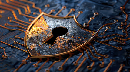 Poster - Secure shield icon with keyhole, surrounded by intricate circuit patterns, symbolizes digital protection and cybersecurity. metallic texture and glowing elements evoke sense of safety