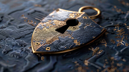 Poster - detailed shield shaped padlock with keyhole, featuring intricate textures and metallic finish, symbo