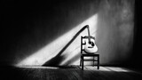B/W image of a guitar resting on a chair, illuminated by a single light source