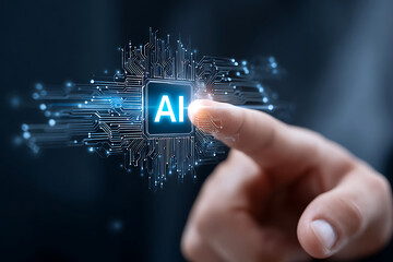 Poster - Hand Pressing Artificial Intelligence Button on Digital Interface With Circuits and Glowing Connections