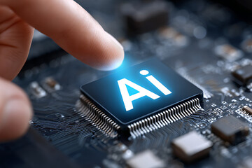 Poster - Technological Advancement Showcased With a Hand Activating Artificial Intelligence on a Computer Chip in a Modern Setting