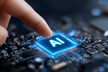 Poster - Close-up of a Finger Pressing an Illuminated AI Processor on a Circuit Board in a Modern Tech Setting