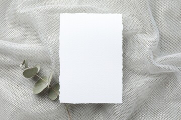 Wall Mural - Wedding invitation card and eucalyptus branch on grey tulle cloth, top view