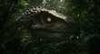 © GALKI - A Mapusaurus dinosaur head with a yellow eye surrounded by green foliage in a jungle like environment view