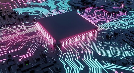 Poster - High-Tech Microchip with Glowing Circuitry for Advanced Computing and Technology