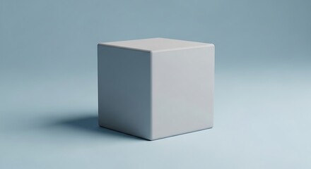 Poster - Minimalistic grey cube object on a pastel blue background in studio light scene