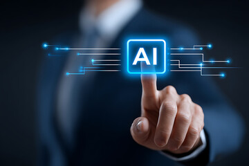 Poster - Hand Touches Glowing AI Symbol While Digital Circuits Connect in a Modern Business Environment at Night
