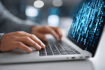 Poster - Expert Software Developer Typing Code on a Laptop With Digital Data Visualization in a Modern Workspace