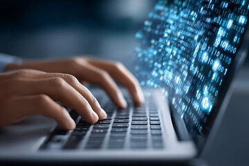 Poster - Person Typing on Laptop With Glowing Binary Code Data Reflecting on Screen in a Dimly Lit Environment