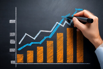 Poster - Hand Drawing a Growing Business Graph on a Blackboard With Colorful Chalk During a Professional Presentation