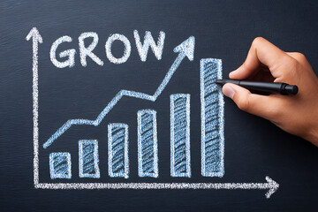 Poster - Hand Drawing a Growth Chart on a Chalkboard With the Word Grow Emphasized for Education or Business Presentation