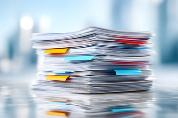 Poster - Piled Documents With Colorful Tabs on a Reflective Surface in a Modern Office Setting During Daylight Hours
