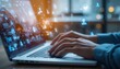 © Muchtar - Digital Network Connectivity:  Hands Typing on Laptop with Holographic Social Media Icons