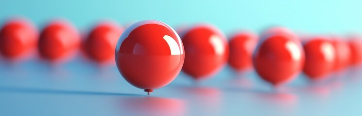 Poster - A collection of glossy red sphere objects arranged on a light blue surface, showcasing a minimalist design. The scene highlights vibrant colors and reflections.