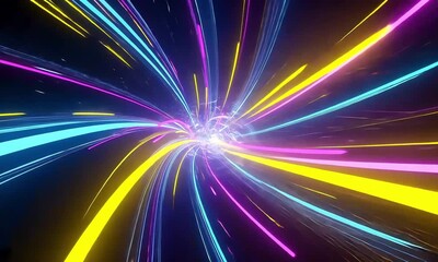 Poster - Abstract glowing lines of light in blue pink and yellow converging towards a central bright point