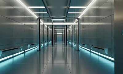 Poster - A futuristic corridor with metallic walls, illuminated benches, and a receding perspective view point