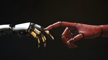 Poster - This striking image captures the moment of connection between a human hand and a robotic hand, symbolizing the relationship between humanity and technology.
