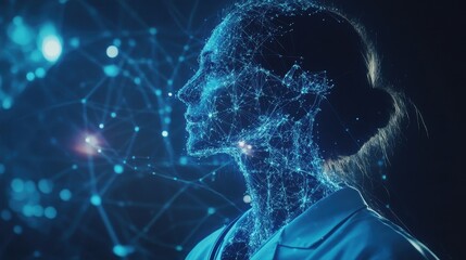 Poster - This striking image showcases a womans profile illuminated by digital connections and patterns, symbolizing technology and innovation in modern science and research.