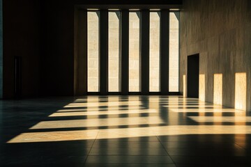 Poster - A minimalist architectural interior showcasing a play of light and shadows. The image captures dynamic patterns created by sunlight streaming through tall windows, emphasizing the warmth and