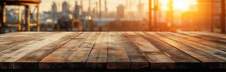 Poster - A beautiful rustic wooden table surface with warm tones captures the essence of an urban sunset background, creating an inviting atmosphere for any setting.