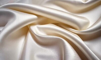 Poster - Close up shot of flowing cream colored satin fabric with soft folds and subtle shimmering texture
