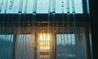 Poster - Close up view of rain droplets running down a window pane with a blurred background of light outside