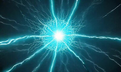Poster - A bright central point with radiating blue and white lightning strikes against a dark background