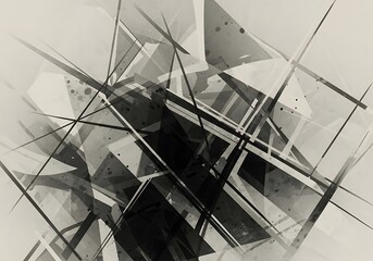 Poster - Abstract composition with overlapping shapes, lines, and textured surfaces in grayscale offering