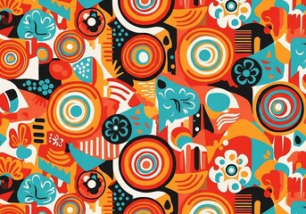 Poster - Vibrant abstract seamless pattern with geometric shapes and floral elements