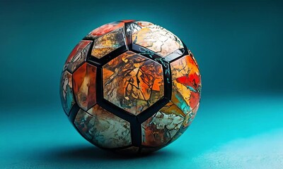 Poster - A colorful soccer ball with a unique design sitting on a blue surface in a studio setting shot close up