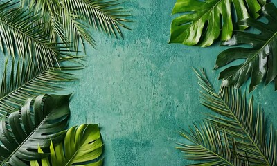 Poster - A textured teal surface framed with vibrant green monstera and palm leaves creating a tropical vibe