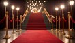 © Ayahe Stock - Opulent red carpet staircase lined with golden stanchions under soft, inviting overhead lighting