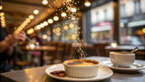 Captivating creme brulee dusted with sparkling sugar, served with coffee in a cozy restaurant