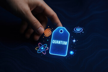 Poster - Quantum energy particle spiral conveys physics motion and science technology in a luminous digital cosmos