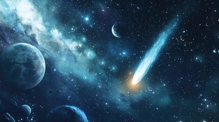 Wall Mural - A digital illustration of a comet flying through space past planets and stars representing exploration and wonder