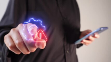 Poster - Hands of a female executive pointing at a gear icon with a warning sign